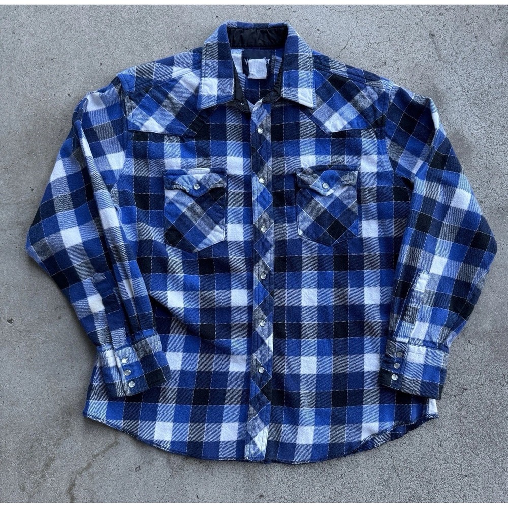 Vintage 90s Wrangler Cotton Flannel Pearl Snap Blue White Medium Plaid